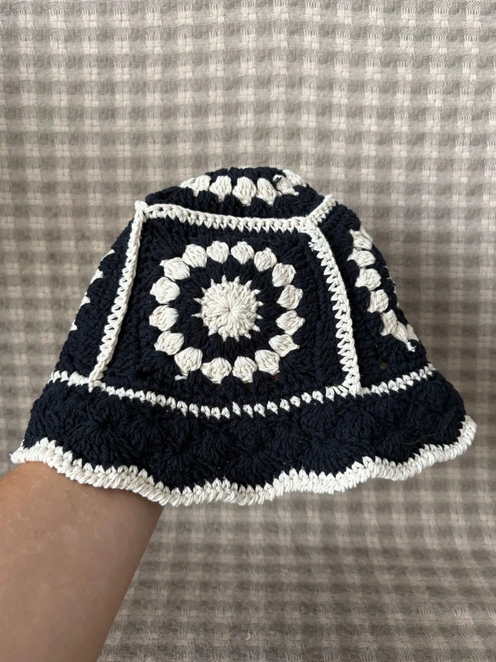 HAUTE HIPPIE BLACK AND WHITE CROCHET GRANNY SQUARE BUCKET HAT